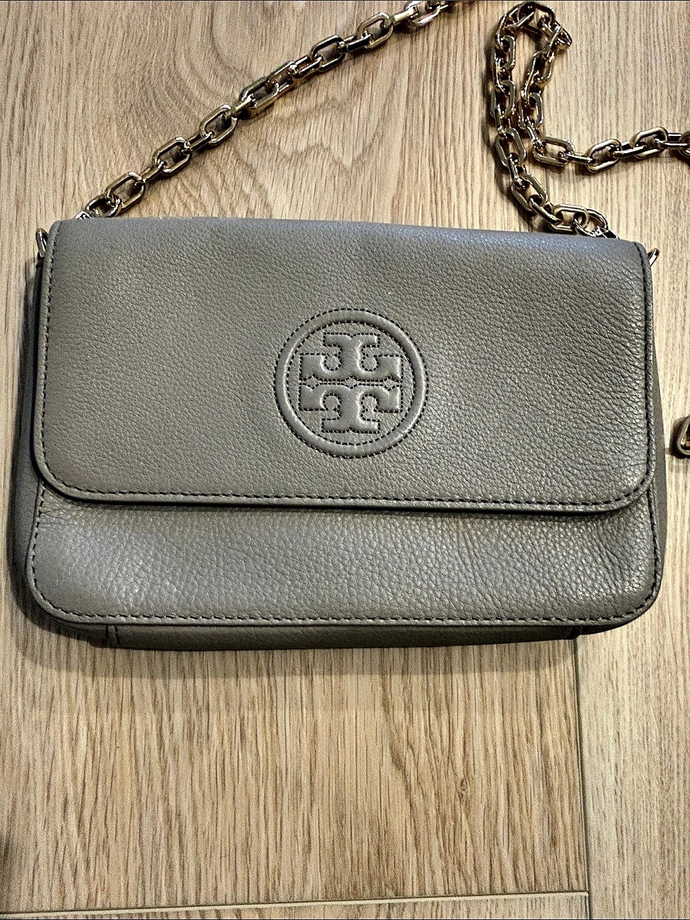 Tory Burch Thea Pebbled Leather Flap Crossbody Bag Gray